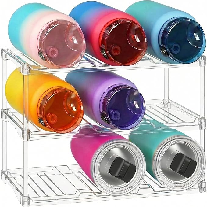 Lifewit Stackable Bottle Storage Organizer, Clear Freestanding Wine Holder for Cabinet, Large Slot Water Bottle Tumbler Cup Organizer for Pantry, Plastic Wine Rack for Fridge Cellar, 3Tier Hold 9 by Lifewit