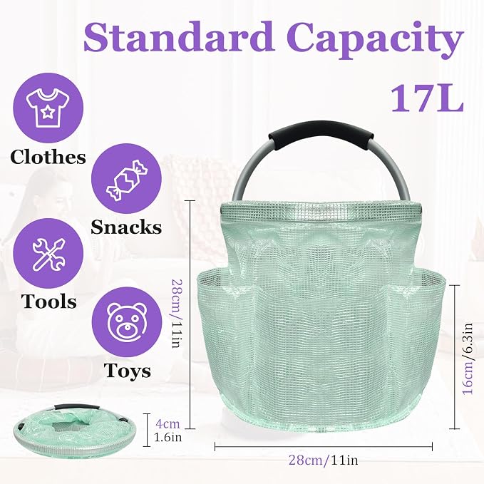 17L Cleaning Caddy for Cleaning Supplies, Foldable Tool Bucket Organizer with 6 Side Pockets, Portable Garden Tool Bag in PVC Resin, Folding Storage Basket for Camping, Gardening, Green - Image 2