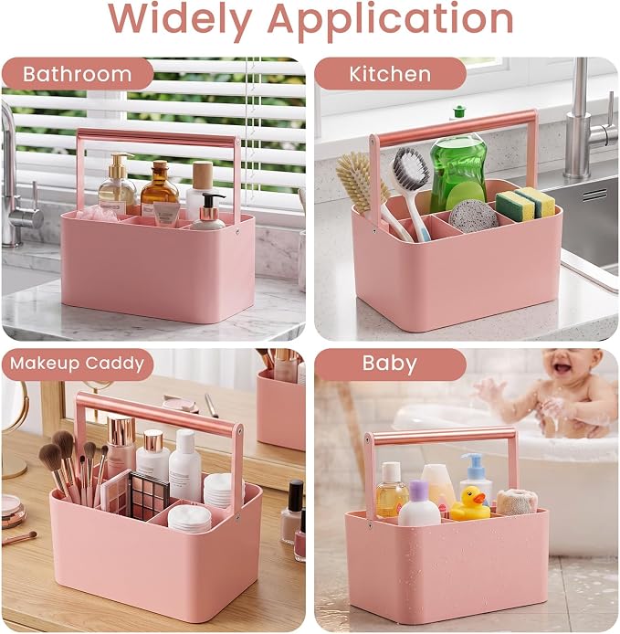 Pink Shower Caddy Portable: Plastic Bathroom Caddy Organizer with Handle, 4 adjustable compartments shower caddy with drainage holes, keeps items organized and dry, easy carry handle for college dorm - Image 6