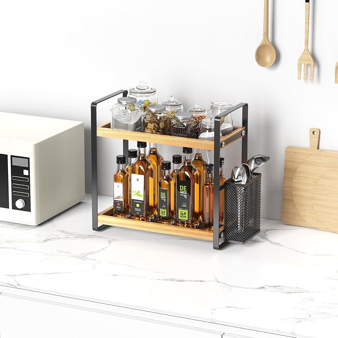 2-Tier Coffee Bar Organizer With Basket,Wooden Counter Shelf for Coffee Bar Accessories,Kitchen Spice Rack Organizer for Countertop-Brown - Image 4