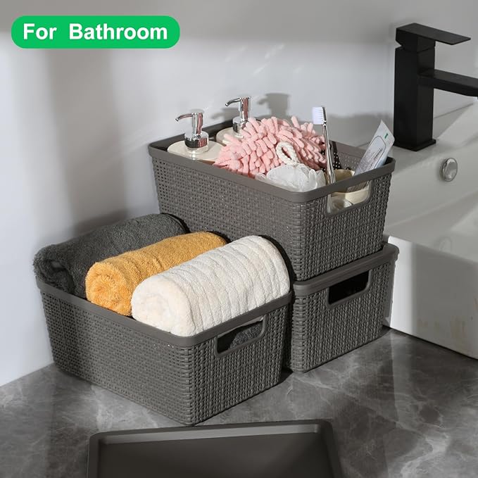 6 Pack Plastic Storage Baskets with Lid,Grey Stackable Bins | Durable Woven Plastic With handle Breathable,Save space,For Organizing Desktops, Closets, Playrooms, Classrooms, Offices - Image 6