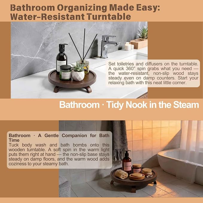 12" Solid Wood Lazy Susan Turntable Organizer for Cabinet, Pantry, Kitchen Countertop - Farmhouse Style with Raised Feet & Water-Resistant Coating, Rustic Bathroom Vanity Tray and Dining Table Decor - Image 8