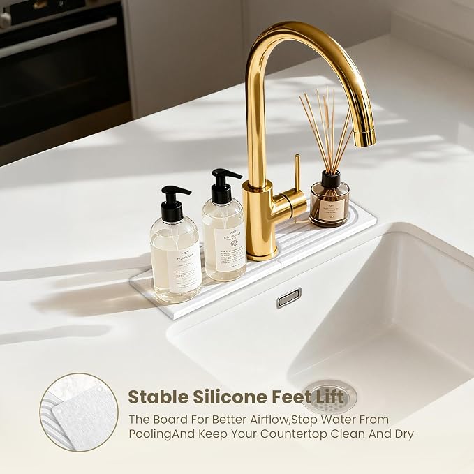 Diatomite Faucet Mat for Kitchen Sink, Quick-Dry Stone-Like Sink Mat, Flat Lay Absorbent Countertop Drying Mat for Faucet Area, Hard Diatomite Mat, White, 15.8 x 4 in - Image 5