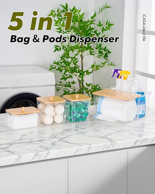 iCASA Trash Bag Dispenser Dishwasher Pods Container Under Sink Organizer | 5 in 1 Stackable Trash Bag Holder Garbage Bag Dispenser for 13/30/33 Gallon Bags, Clear Storage Bins Laundry Pods Container - Image 2