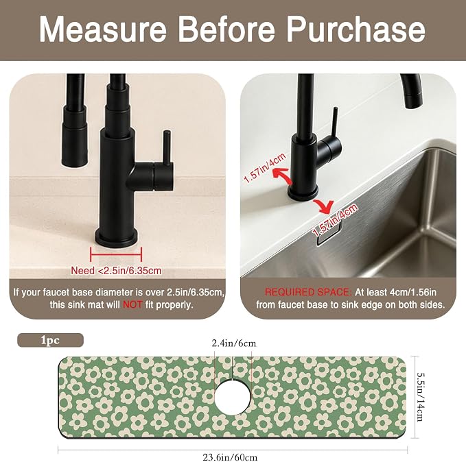 Faucet Mat for Kitchen Sink Vintage Groovy Flower Green Daisy Sink Splash Guard Behind Faucet Soft Diatom Mud Material Non-slip Easy to Clean for Bathroom & Kitchen 24"X5.5" - Image 2