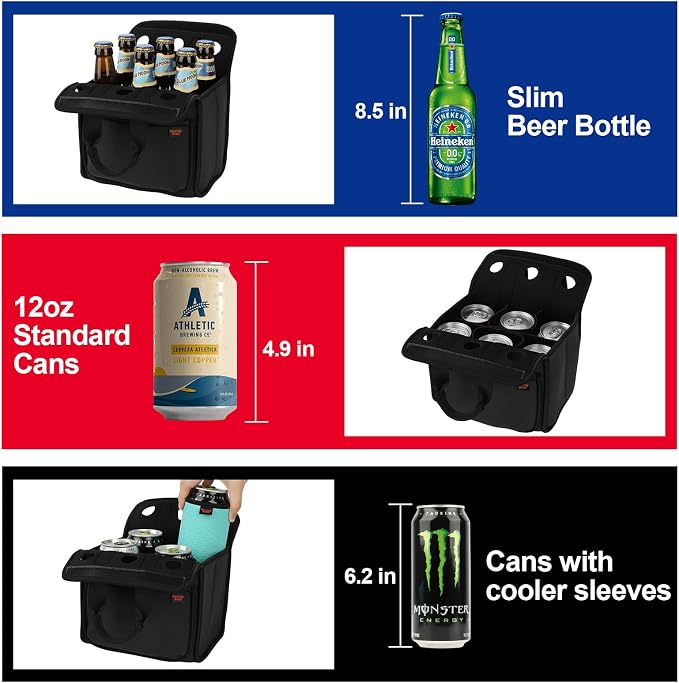 Portable Drinks Tote Bag for 6 PCS Beverage Cans/Bottles, Neoprene Insulated Drinks Can Bottle Carrier Tote Beverages Cans Cooler Bag Holder for Camping, Picnic, Party (Black) - Image 5