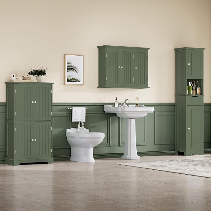 ChooChoo Laundry Cabinet with 3 Doors and Adjustable Shelves | 9.06"D x 31.1"W x 24"H, Bathroom Wall Cabinet, Cupboard, Green - Image 7