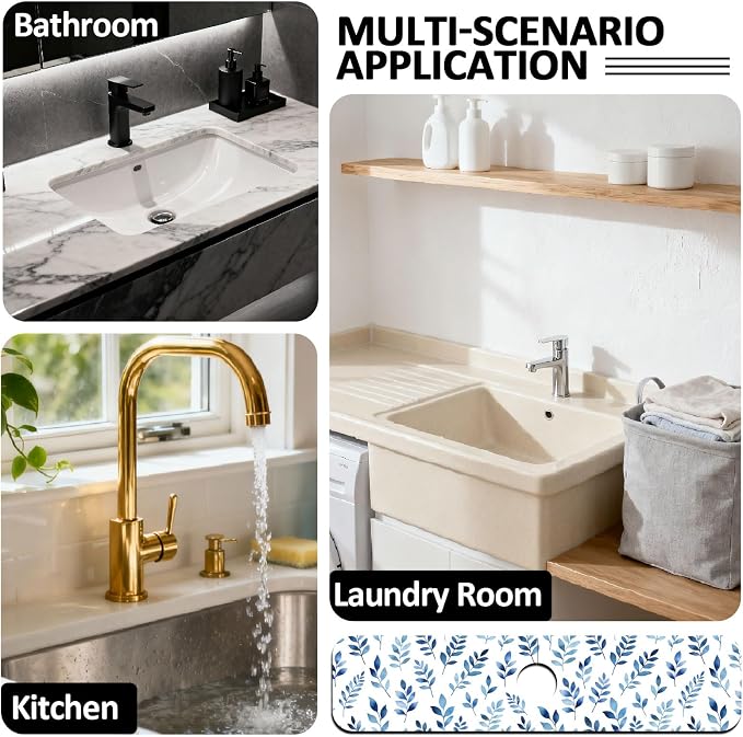 2 Pcs Kitchen Sink Splash Guard Faucet Mat Watercolor Blue Leaves Faucet Mat for Sinks Absorbing Drying Mats for Kitchen Bathroom, 23.6x5.5inch - Image 7