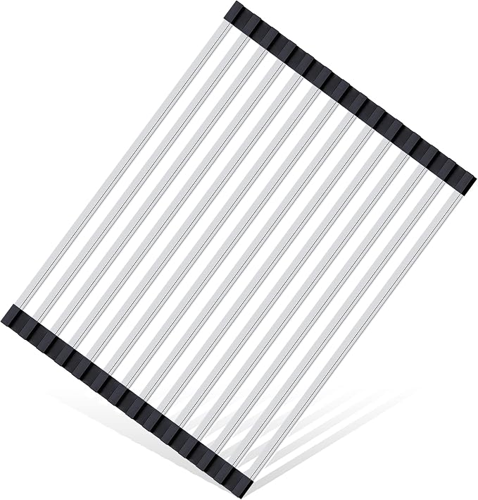 Roll Up Dish Drying Rack Over the Sink 17 x 13’’, 304 Stainless Steel Black | 17 x 13’’, Sink Rack, Rust-Resistant, Foldable Non-Slip Kitchen Drainer Mat for Dishes, Produce, RV & Small Kitchens by Bighause