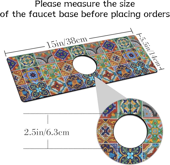 Mexican Ceramic Tile Kitchen Sink Splash Guard Faucet Mat,Faucet Non-slip Absorbent Mat,Farmhouse Sink Splash Guard Behind Faucet for Kitchen Bathroom, 15"x5.5" - Image 2