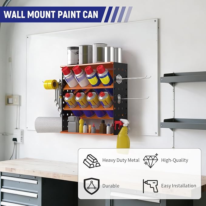 Wall Mount Spray Can Holder, Aerosol Spray Bottle Holder Storage Rack, Heavy-Duty Paint Bottle Organizer with 8 Can Holes & 4 Steel Hooks, 4 Plastic Hooks for Garage, Shop, Home or Tool Trailer - Image 2