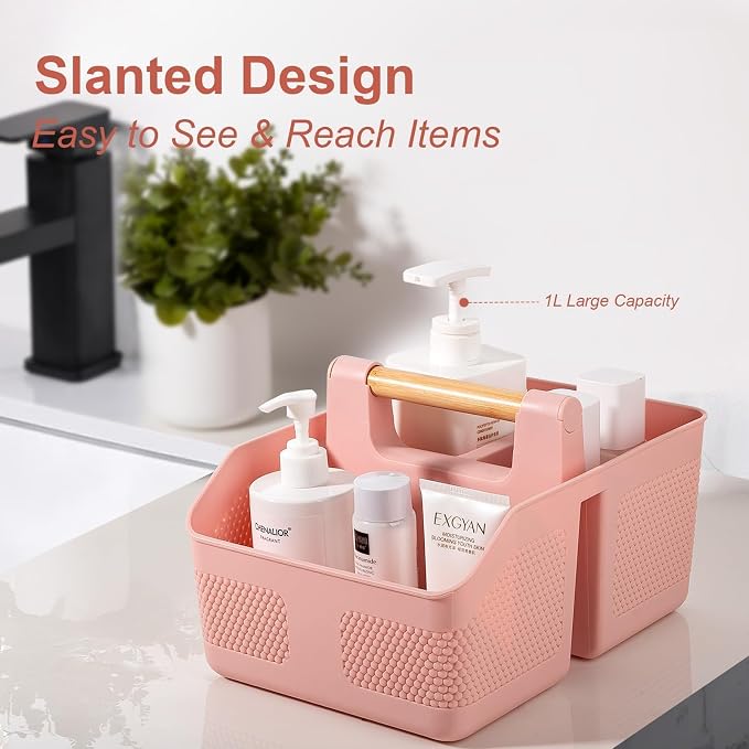 Plastic Shower Caddy Portable Shower Basket with Bamboo Handle, Pink | Cleaning Caddy Organizer Storage Tote for Bathroom, College Dorm Essentials, Bath Toy Storage - Image 3