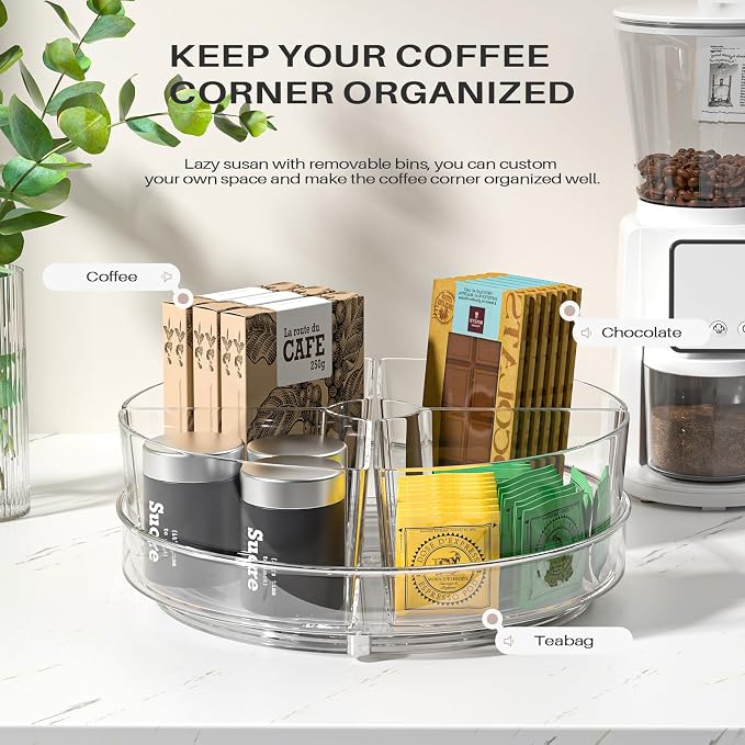 Lazy Susan Organizer, 9 inch Rotating Storage Organizer with Removable Bins | 360 Degree Rotating Storage Organizer with 4 Removable-Bins,Turntable Organizer for Fridge, Kitchen, Vanity, Cabinet - Image 3