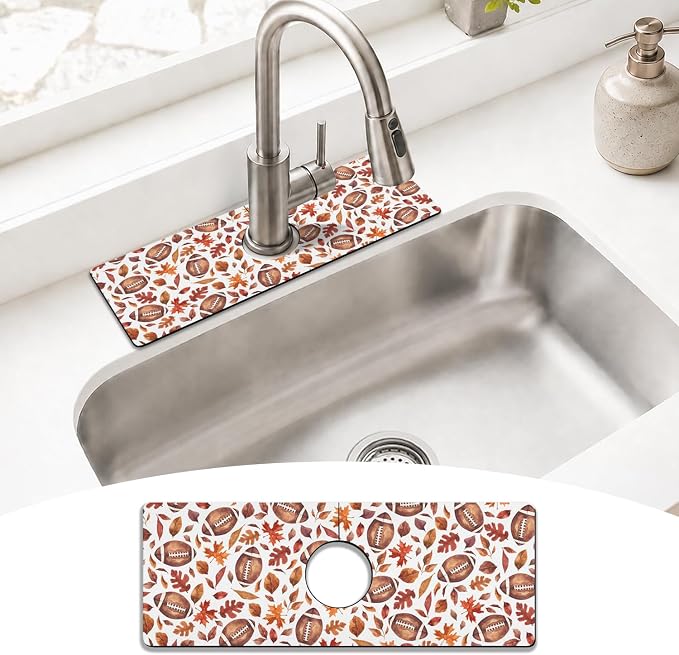 Fall Kitchen Sink Splash Guard Faucet Mat,Football Maple Leaf Autumn Thanksgiving Faucet Non-Slip Absorbent Mat,Farmhouse Sink Splash Guard Behind Faucet for Kitchen Bathroom, 15"x5.5" by puwbnhj