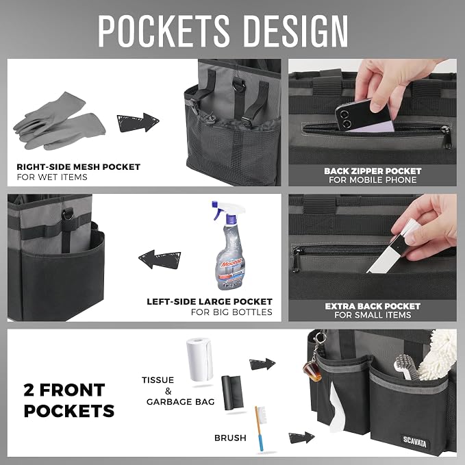 SCAVATA Compact Wearable Cleaning Caddy with Handle & Shoulder Straps | Small Cleaning Supplies Organizer, Under Sink & Car Cleaning Tools Storage Bag for Housekeepers Cleaners, DarkGrey - Image 2