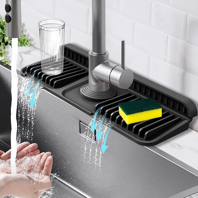 14.6-Inch Kitchen Sink Splash Guard Mat | 7° Slope for Fast Self-Draining | Snap-Lock Design | Universal & Cuttable Silicone Faucet Mat BLACK by Hugro+Tarfive