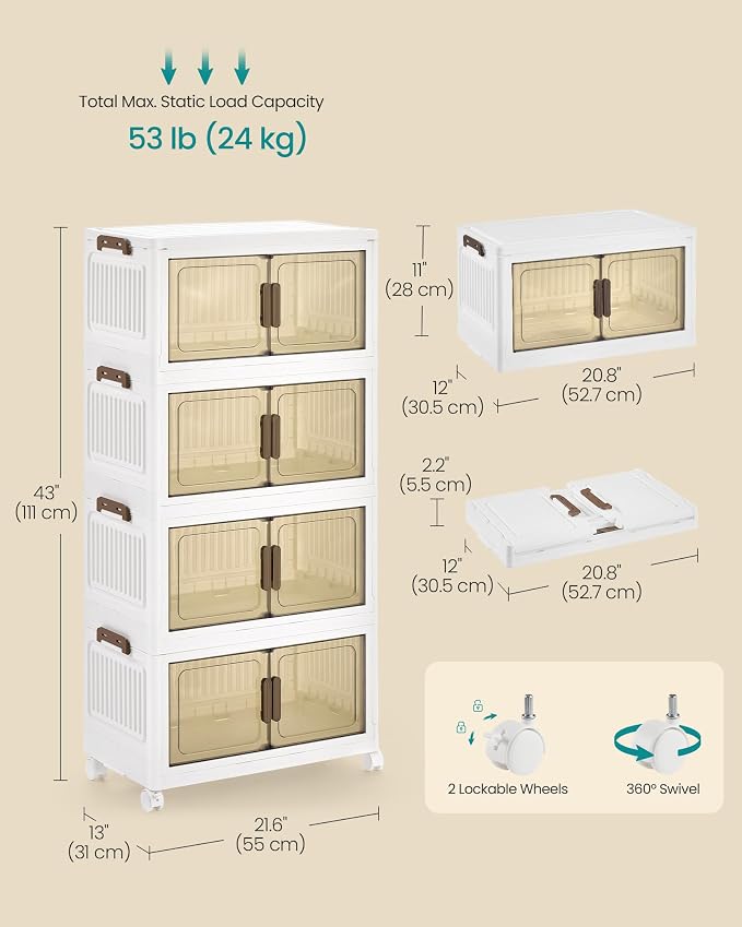SONGMICS 48QT stackable storage bins with 1 Lid, 4-Tier Foldable Bins | Collapsible Cabinet, PP Plastic, Magnetic Doors and wheels, 21.6 x 13 x 43 inch, White, DENNYS Collection URLB450WZ01 - Image 6