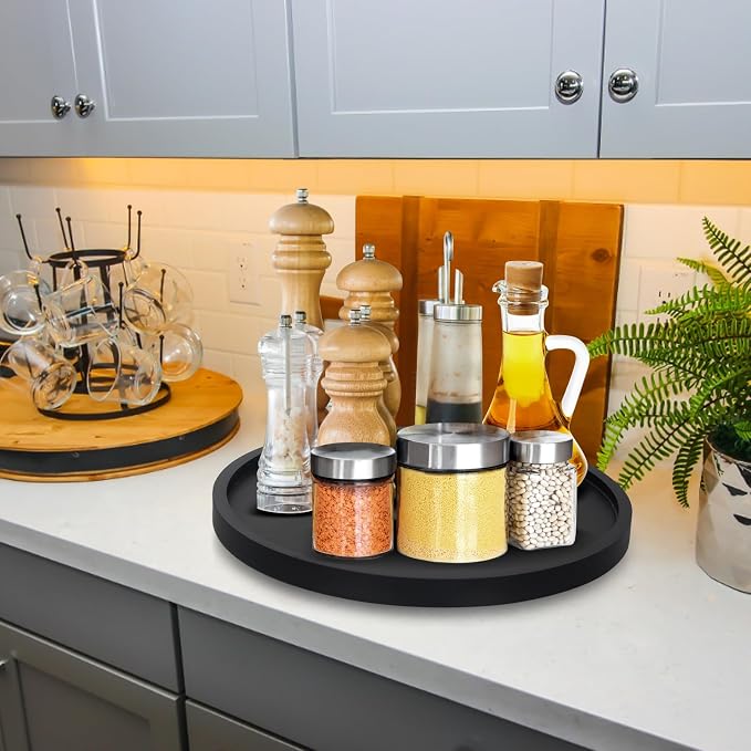 Wooden Lazy Susan for Table Top Organizer Round Tray Kitchen Counter Decor | 10" Small Black Wood Lazy Susan Turntable Cabinet Circle Rotating Bathroom Vanity Tray Coffee Bar Dining Table Accessories - Image 4