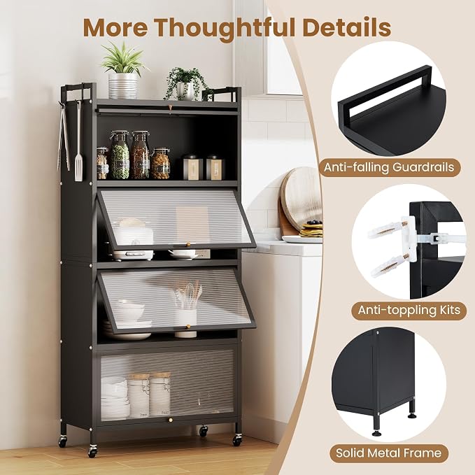 GIANTEX 5-Tier Kitchen Storage Cabinet, 4 PC Doors, Rolling Wheels (Black) | Mobile Metal Pantry Cabinet with 4 Hooks & Adjustable Feet, 60" Baker's Rack Microwave Stand for Dining & Living Room - Image 5