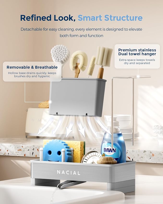 Nacial Kitchen Sink Organizer, Sink Caddy with Sponge & Tall Brush Holder | 304 Stainless Steel Kitchen Countertop Organizer with Double-Bar Towel Holder, Stores Sponge, Brush, Towel & Sink Essentials - Image 7