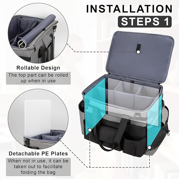 Large Rolling Cleaning Caddy with Wheels, Cleaning Supplies Organizer | With Detachable Trolley, Water-resistant Cleaner Cart for Housekeepers, Multi Pocket Cleaning Cart with Strap, Gray - Image 3
