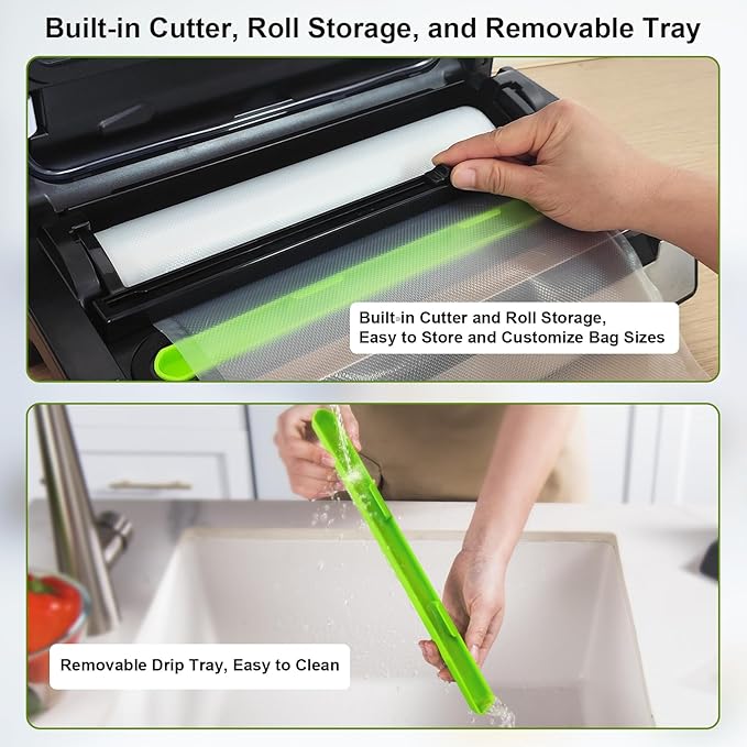 95kPa Precision Vacuum Sealer Machine, Double Heat Seal for Dry/Moist Food, Easy-Lock Handle, Built-in Bag Storage & Cutter, Progress Display, Pulse Mode, Removable Drip Tray, Silver - Image 5