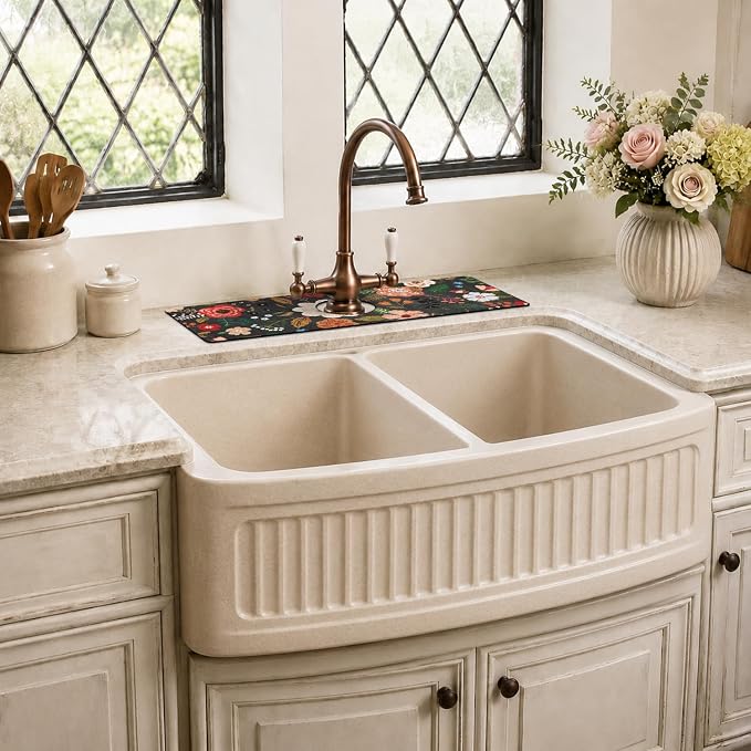 Boho Black Flowers Kitchen Sink Splash Guard Faucet Mat,Faucet Non-Slip Absorbent Mat,Farmhouse Sink Splash Guard Behind Faucet for Kitchen Bathroom, 15"x5.5" - Image 7
