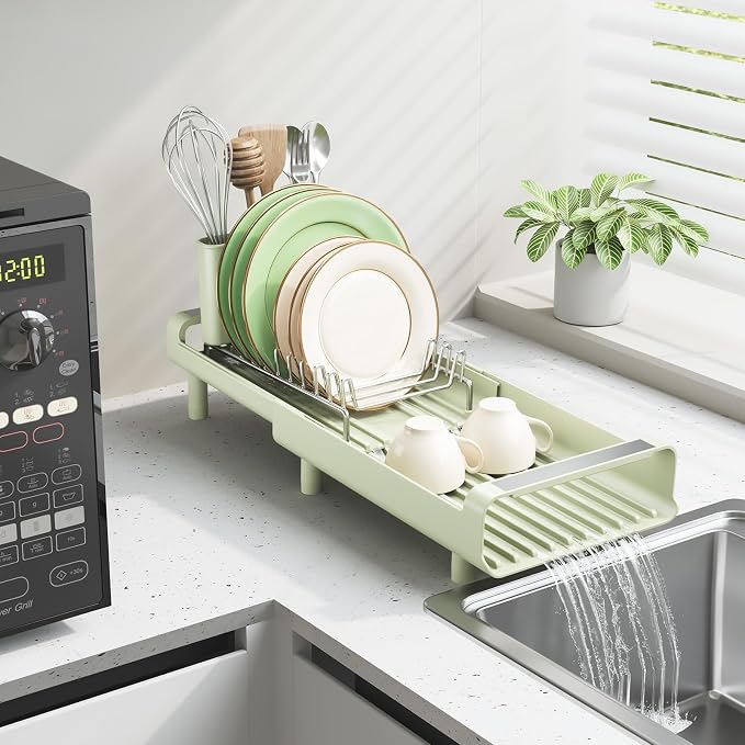 TOOLF Small Dish Drying Rack, Expandable and Space-Saving, Grayish Green | Mini Dish racks for kitchen counter, Compact Design Fits Sink or Counter, Stainless Steel Plate Rack, 11"-19.3"L×7.7"W×3.54"H - Image 7