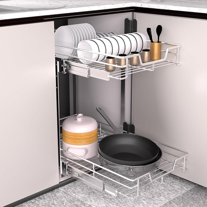 EZKAZA Pull Out Cabinet Organizer 20.5" W x 21" D, 2-Tier Kitchen Cabinet Pullout Shelf and Drawer Organizer Slide Out Pantry Storage Basket, 19.2" W x 21" D x 2.4" H for Bottom Basket Size - Image 5
