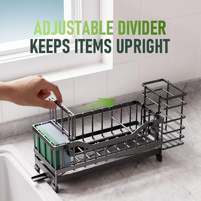 Sponge Holder for Kitchen Sink, Kitchen Sink Caddy with Long-Handled Dish Brushes Holder, 304 Rustproof Stainless Steel Countertop Organizers and Storage, Home Kitchen Sink Accessories (Black) - Image 6