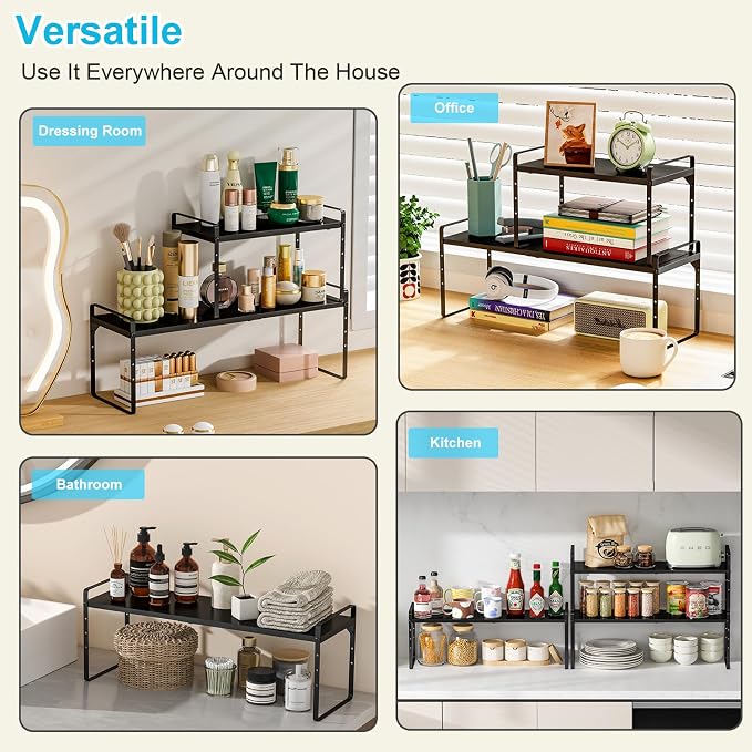 15.5 to 25.5 Inch Kitchen Cabinet Shelf Organizers，Kitchen Shelf Organizer | Adjustable Counter Organizer, Set of 4 Expandable Countertop Storage Shelves, Stackable Design, 30LBS Heavy Duty, Space Saver - Image 9