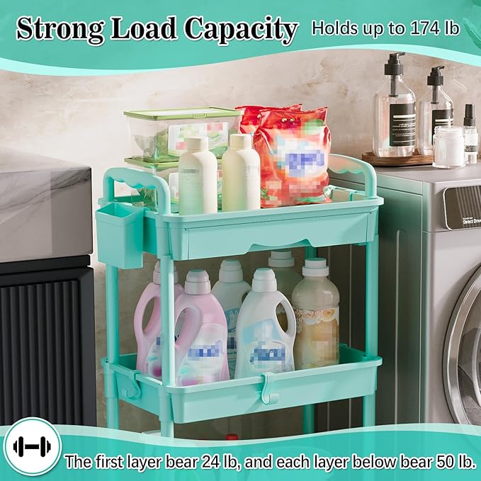 SUNALLY 3 Tier Rolling Cart with Drawer, Craft Storage Cart Organizer, Blue | Bathroom Storage Organizer with 2 Lockable Wheels, Rolling Utility Cart for Kitchen, Office, Baby, Makeup, Nail,Snack,Laundry - Image 5