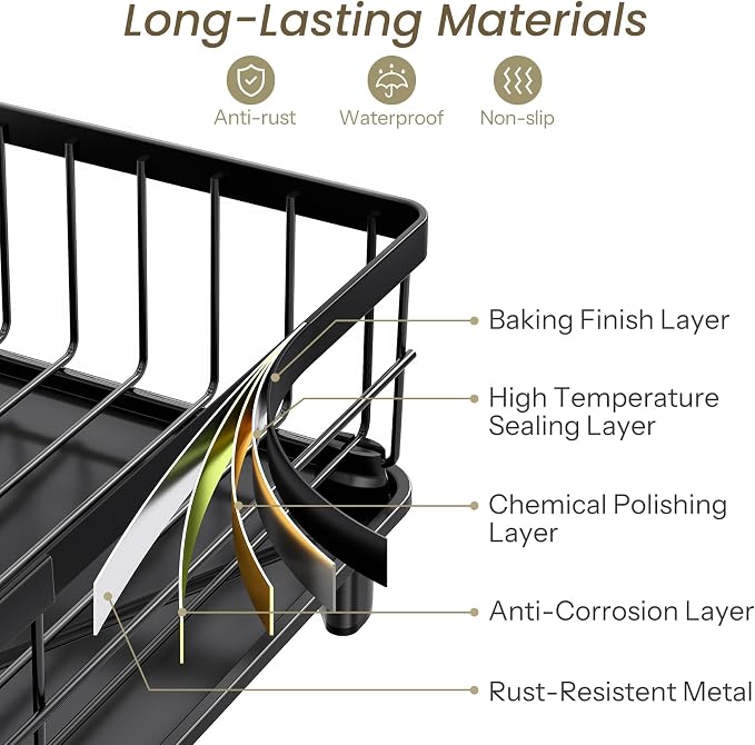 SNTD Dish Drying Rack for Small Kitchen Counter, 11" W x 15" L, Black | Space Saving, Rotating Spout & Angled Drainboard for Quick Drainage, Stainless Steel, Removable Utensil Holder - Image 6