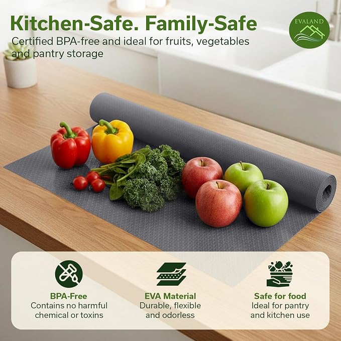 EVALAND Shelf Liner Cabinet Liner Non-Adhesive Drawer Liner 12 in x 33 FT | Non-Slip, Washable, Waterproof, Fridge Liners, Contact Paper, Shelf Liners for Cabinets, Kitchen, Refrigerator, Gray - Image 6