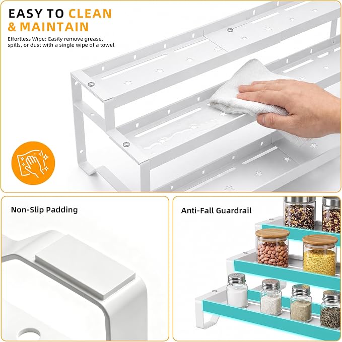 Spice Rack Organizer for Cabinet, 13-21.5" Expandable Spicy Shelf | 9.45" Depth 3-Tier White Metal Seasoning Organizer, Kitchen Spice Organization, Slip-Resistant Guardrails for Jars and Cans - Image 7