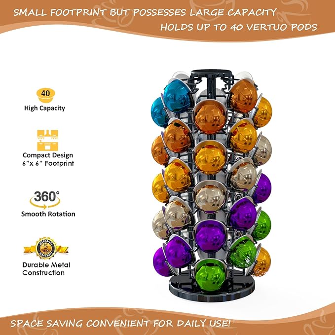 Nespresso Pods Holder Tower Stand,Vertuo Pod Holder 40 Pods Capacity,Black | Coffee Pods Holder Organizer Fits Vertuo Pods, 360°Revolving Pod Carousel, Space-Saving for Countertop,No Assembly Required - Image 2