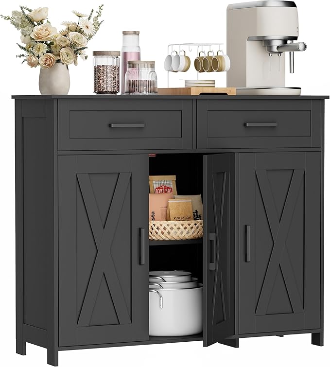 Homhedy Coffee Bar Storage Cabinet with Drawers, Kitchen Buffet Cabinet | Sideboard Cabinet with Doors, Farmhouse Buffet Cabinet, Adjustable Shelves, for Kitchen / Dining / Living Room, Black - Image 3