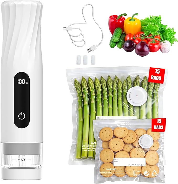 Compact Vacuum Sealer for Food Storage: Portable Handheld Food Sealer, 80kPa Suction, 1800mAh Battery, 30 Reusable Vacuum Bags, Preserve 5X Freshness with Easy Operation by AllLifeAllHOPE