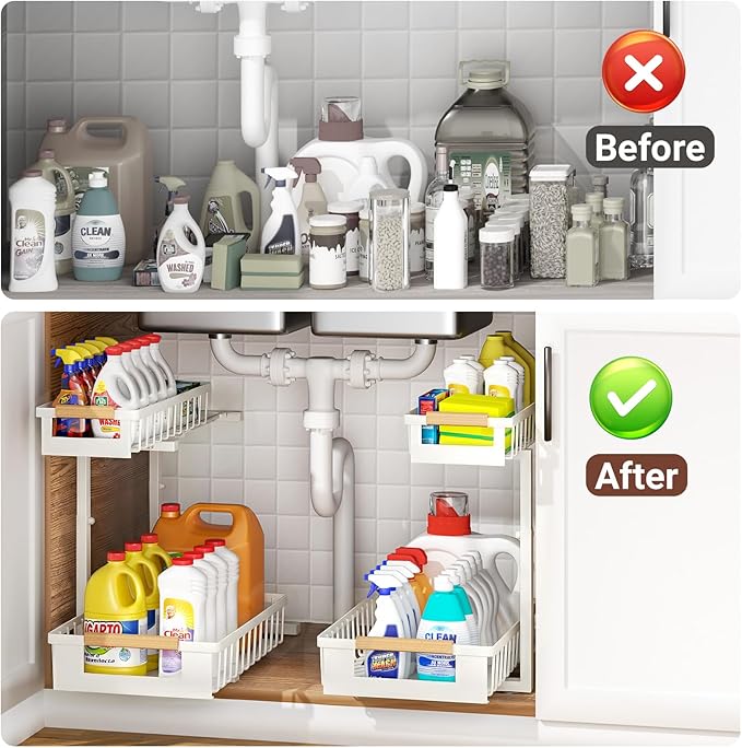 2 Pack Under Sink Organizer, 2 Tier Pull Out Cabinet Organizer with 5-Level Adjustable Height, Sliding Metal Storage Rack for Kitchen Bathroom Pantry, White - Image 7