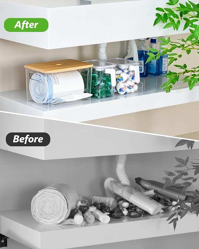 iCASA 3 in 1 Trash Bag and Dishwasher Pod Organizer Garbage Bags Dispenser | Large Acrylic Trash Bag Holder with Bamboo Lid, with 2 Pack Laundry Detergent Pods Container, Under Kitchen Sink Organizer - Image 7