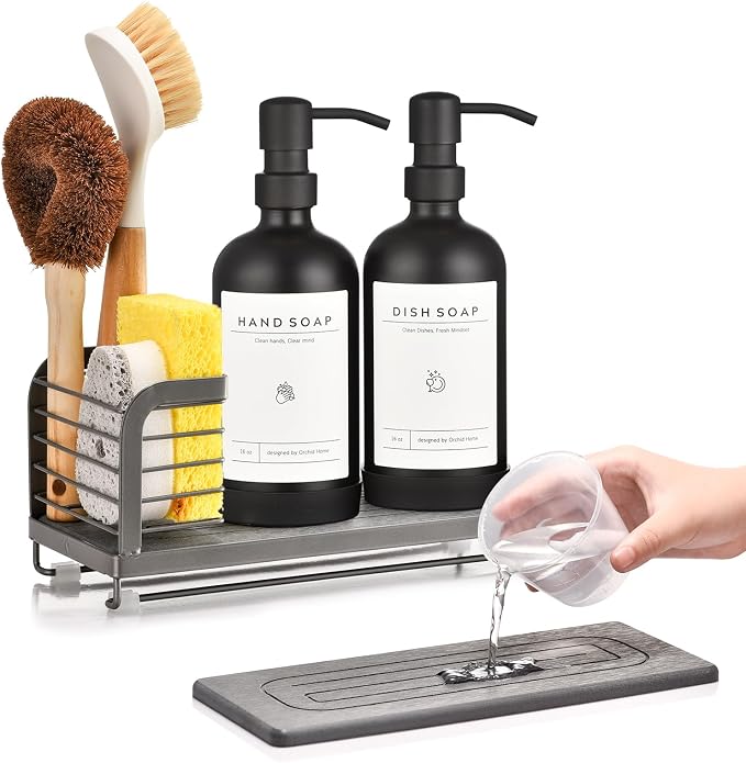 Kitchen Soap Dispenser Set with Drying Tray – 16oz Glass Bottles with Stainless Steel Pumps, Sink Organizer Caddy with Brush Holder & Non-Slip Feet – All-in-One Dish & Hand Soap Station by ORCHID+HOME