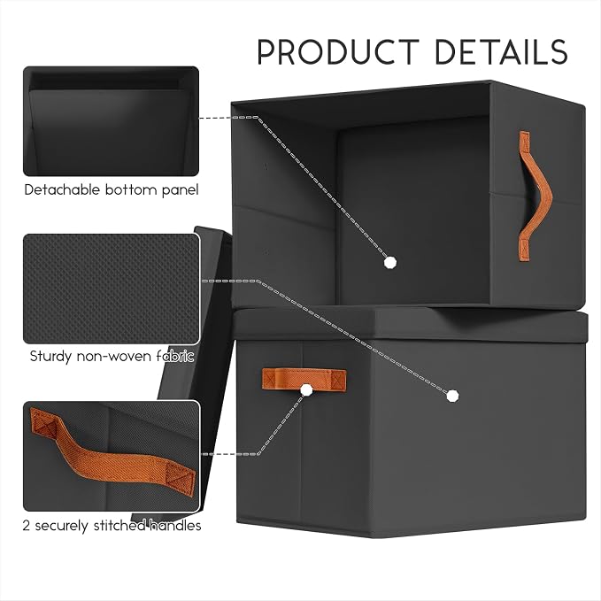 Storage Bins with Lids - Fabric Storage Baskets for Shelves, 4 Pack Foldable Decorative Boxes with Handles, Stackable Organizer Bins for Home, Nursery, Dorm, Black - Image 4