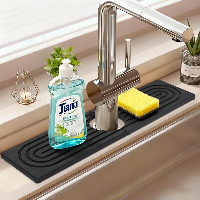 Fast Drying Stone Faucet Mat for Kitchen Sink with Raised Feet, Quick Drying Splash Guard, Faucet Splash Guard, Durable Protector for Kitchen, Bathroom Counter, Dark Gray, 15.8" x 4" by NSVNSV