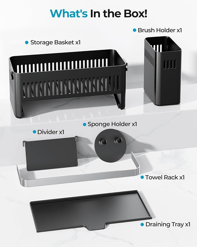 Nieifi Sponge Holder, Black Rustproof ABS Sink Caddy with Towel Rack | Smiley Sponge and Brush Holders with Drainage to Keep Items Dry. 10"W x 4.5"D. Kitchen Counter Organizer & Essential Storage. - Image 7