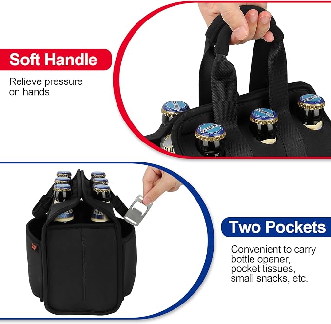 Portable Drinks Tote Bag for 6 PCS Beverage Cans/Bottles, Neoprene Insulated Drinks Can Bottle Carrier Tote Beverages Cans Cooler Bag Holder for Camping, Picnic, Party (Black) - Image 4