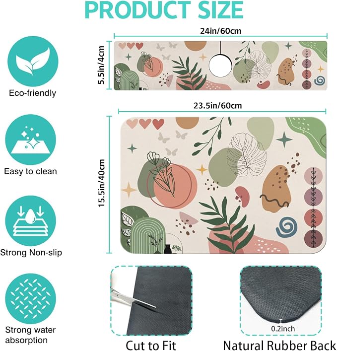 Dish Drying Mat for Kitchen Counter Matt, 2PCS 23"x15" Dish Drainer Mat & 24"x5.5" Sink Splash Guard, Super Absorbent Non-slip Rubber Backed - Image 2