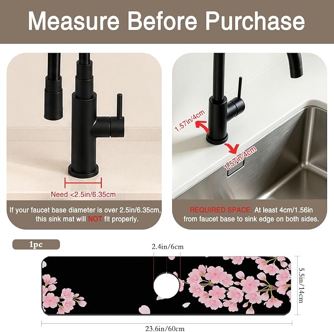 Faucet Mat for Kitchen Sink Romantic Cherry Blossoms Sink Splash Guard Behind Faucet Soft Diatom Mud Material Non-slip Easy to Clean for Bathroom & Kitchen 24"X5.5" - Image 2
