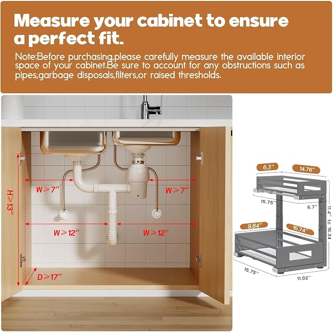 2-Pack Under Sink Organizers and Storage,2-Tier L Shape Pull Out Cabinet Organizer With Round Tube Slide Rails,Hight Adjustable Slide Out Drawers for Kitchen&Bathroom,Multi-Purpose Storage Shelf-Gray - Image 2