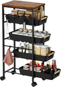 5-Tier Slim Storage Cart, Wooden Top Rolling Kitchen Cart with Pull-Out Baskets & Wheels, Narrow Space Utility Cart Slide Out Organizer for Kitchen, Bathroom, Laundry Room, Black by Landmok