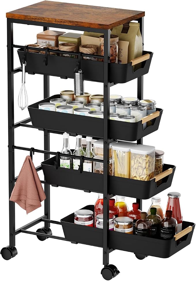 5-Tier Slim Storage Cart, Wooden Top Rolling Kitchen Cart with Pull-Out Baskets & Wheels, Narrow Space Utility Cart Slide Out Organizer for Kitchen, Bathroom, Laundry Room, Black by Landmok